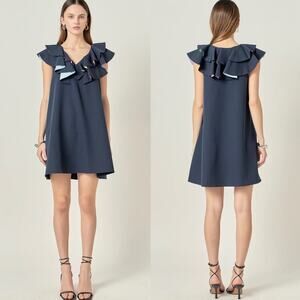 English Factory Multi Color Contrast Mini Trapeze Shift Dress Navy Sz L Cocktail